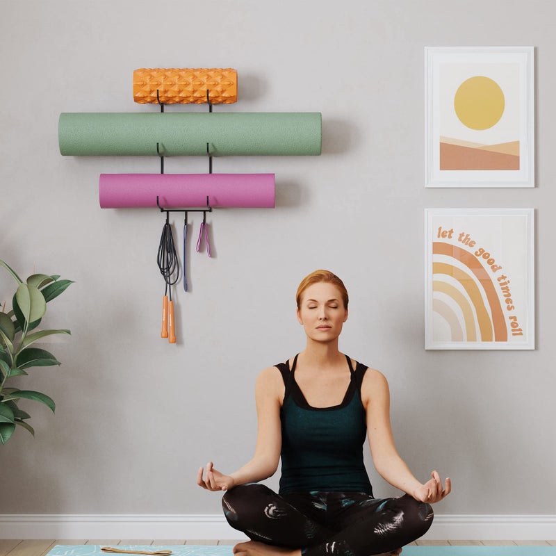 Wallniture Guru Wall Mount Yoga Mat Home Gym Equipment Resistance Bands and Foam Roller Holder with 3 Hooks 3 Sectional Metal Black - Image 5